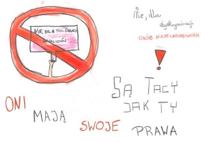 Plakaty antydyskryminacyjne wykonane przez uczniów z klasy 6A z SP nr 32 w Warszawie: